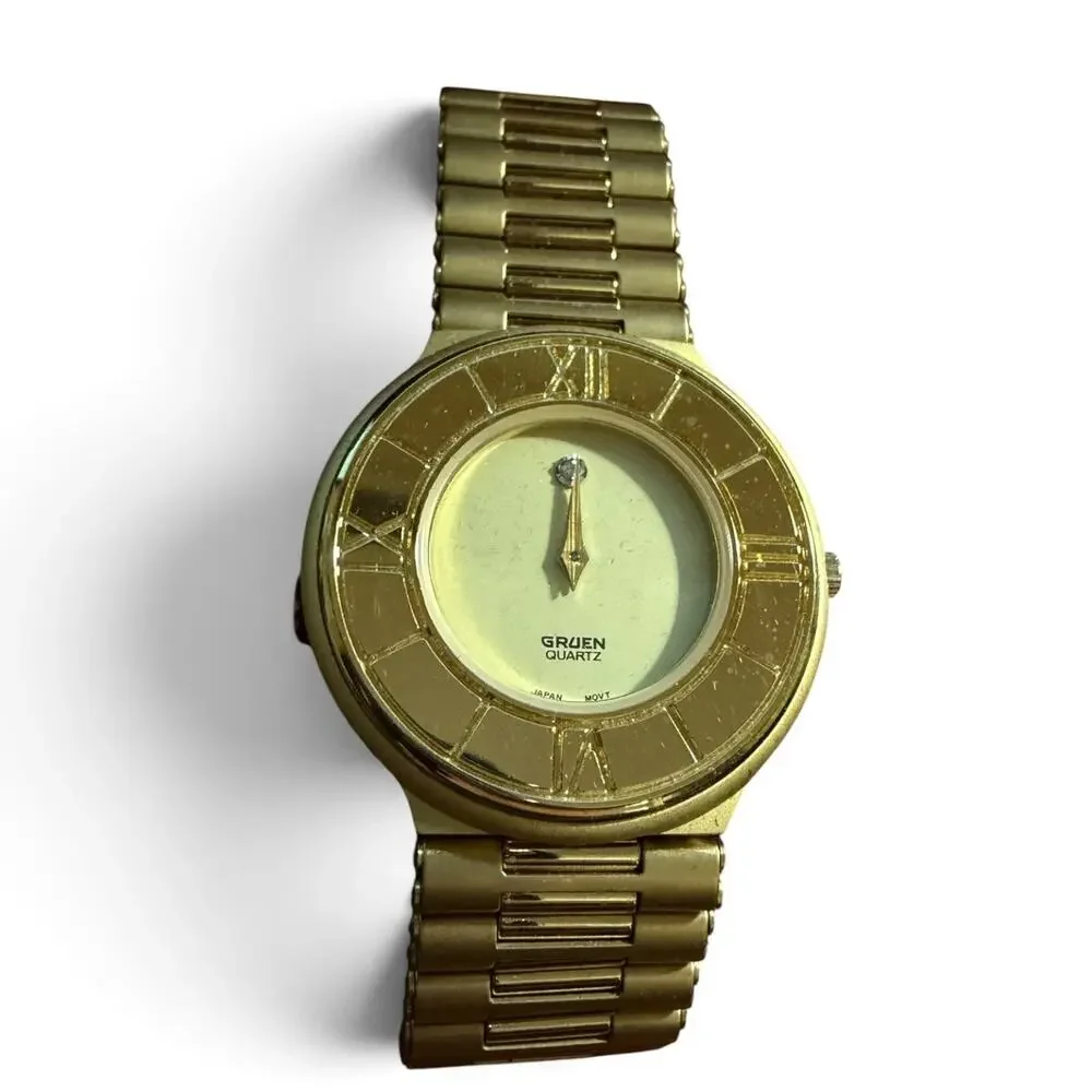 Vintage Gruen Precision Quartz Gold Tone Watch with Genuine Diamond & Box